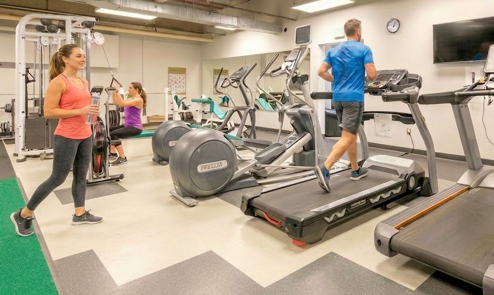 Three people using the fitness center; an options available with their BrightWorks Coworking membership.