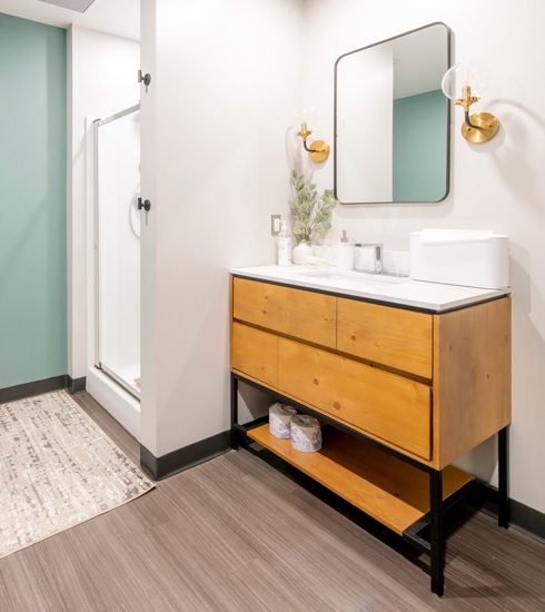 Fitness center shower facility available to BrightWorks Coworking members.