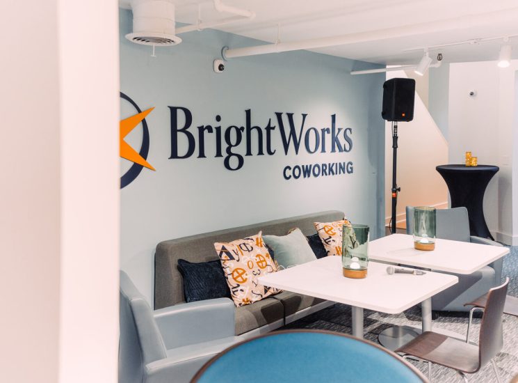 The lobby in BrightWorks Coworking in downtown Ann Arbor offers flexible workspace with a casual, coffeeshop vibe.